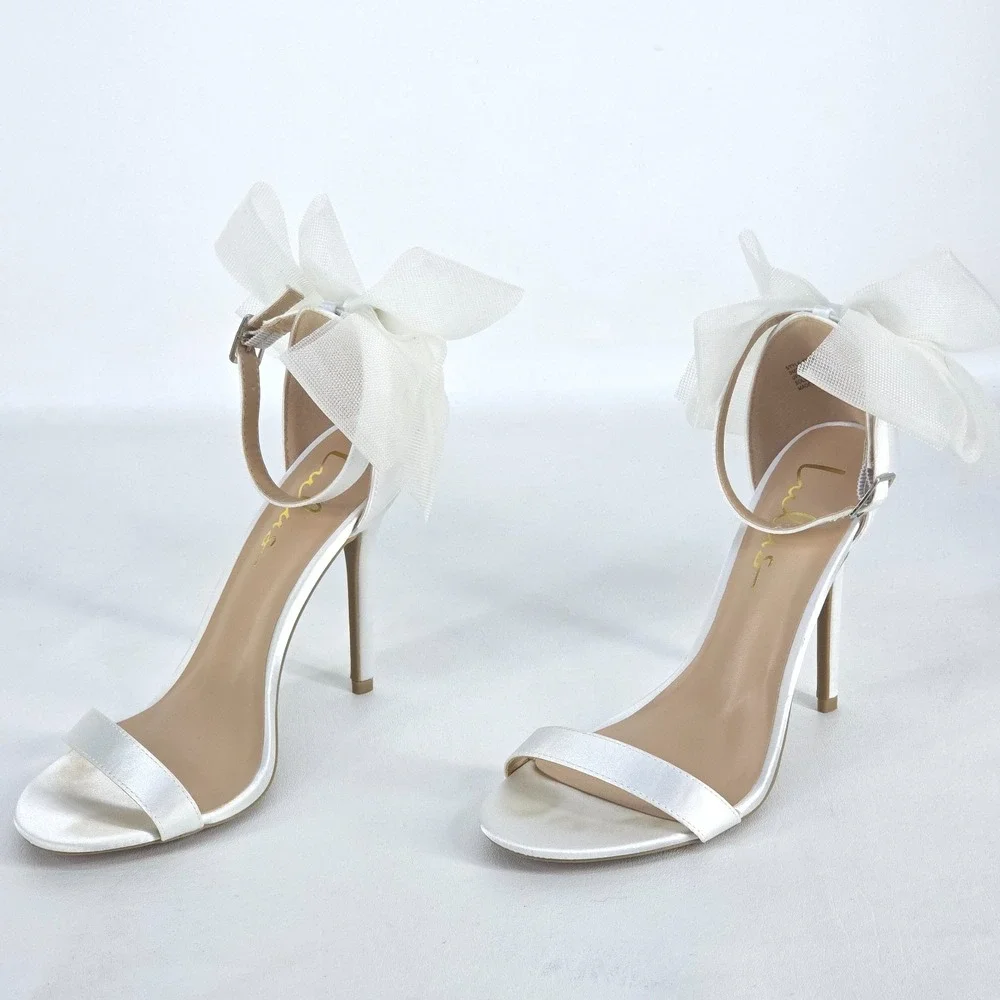Lulu's Ayanna Satin Bow Ankle Strap Heels Womens 7.5 White Sandals Wedding Shoes